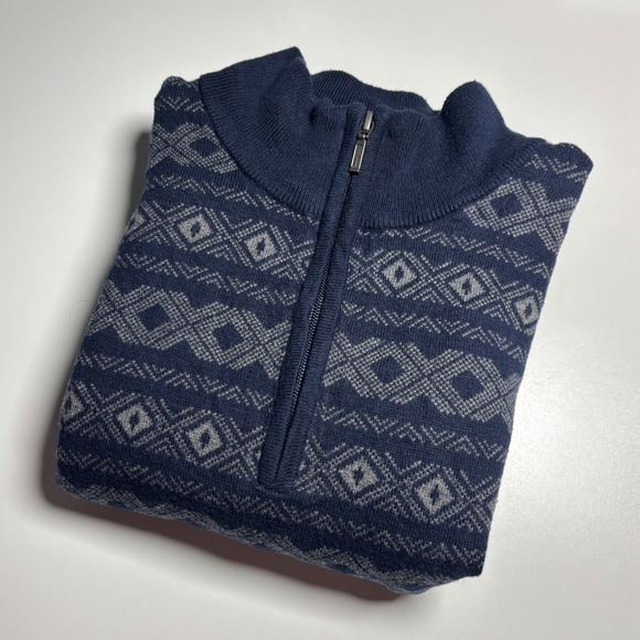 LL Bean Quarter Zip Sweater Fair Isle Mens XL Navy Cotton Cashmere Knit pullover - Picture 2 of 6